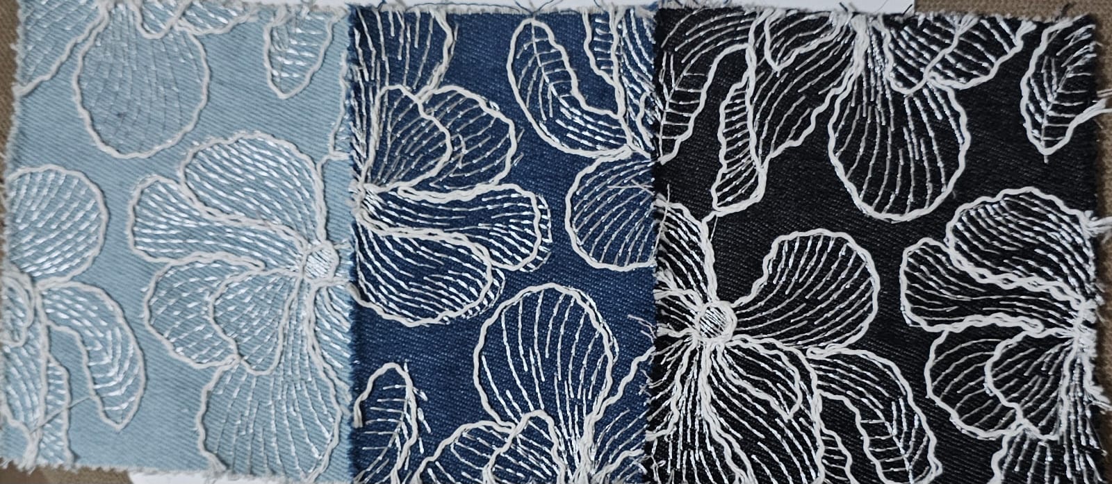 Floral Thread Embroidered Denim Fabric — 3 Shades — Deseos Fabrics
